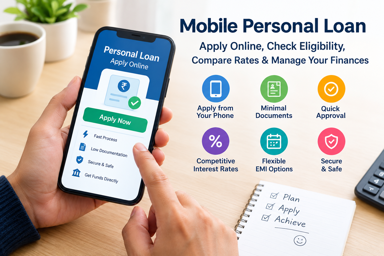 Mobile personal loan application on a smartphone showing online application, eligibility check, quick approval, flexible EMI options, and secure digital loan features.